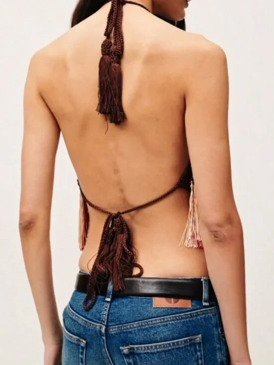 Multicolor Casual Women's Boho Crochet Fringe Halter Crop Tank Top - Picture 2 of 7